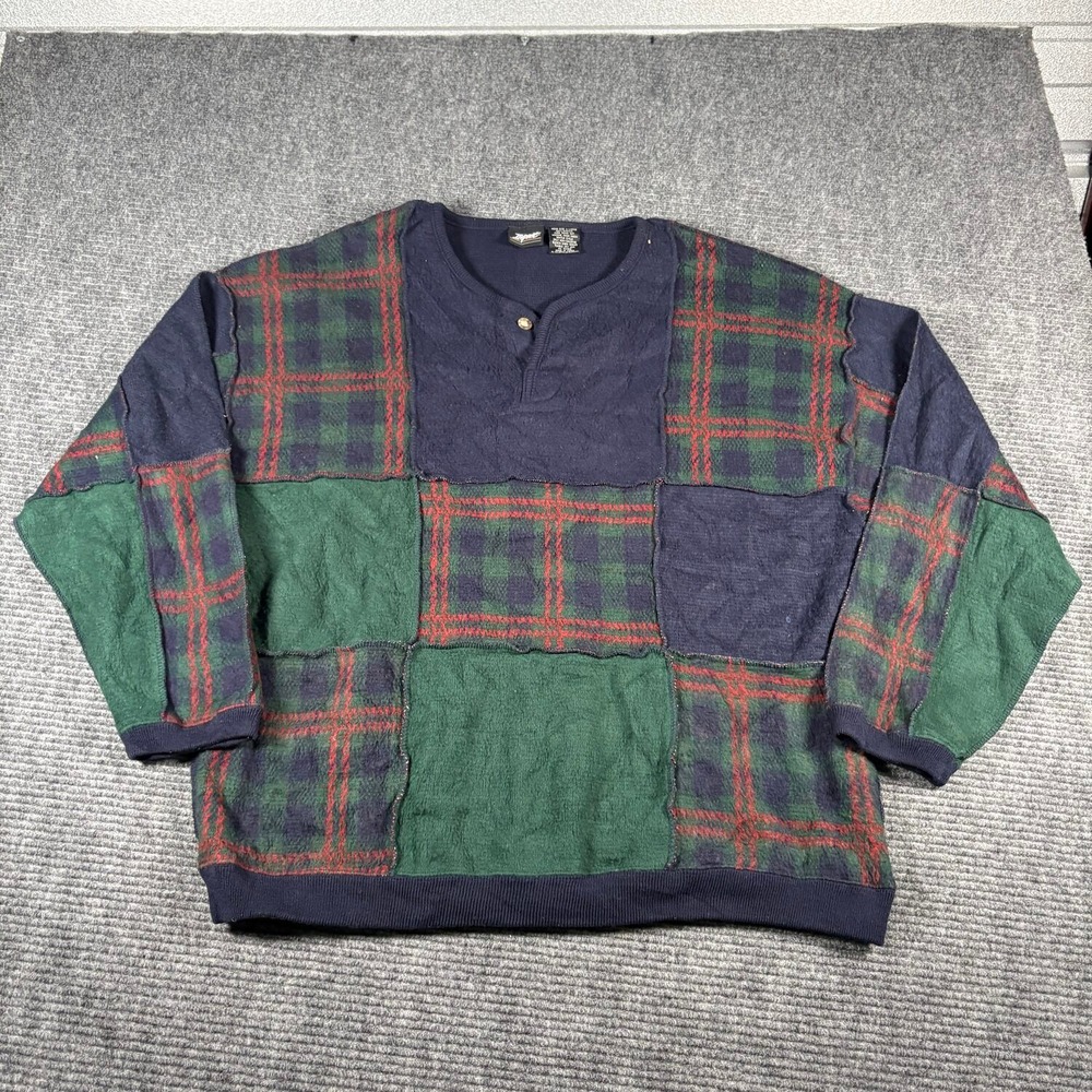 Vtg Impact Henley Sweater Mens XL Navy Blue Excellent Patchwork Plaid Knit